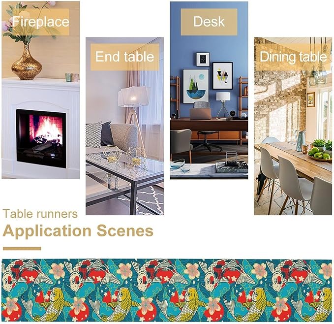Japanese Kio Fish Table Runner Oriental Tradition Cherry Art Printed Burlap Runner Home Kitchen Dining Table Living Room Decor Fabric 1 Panel W13xL108in