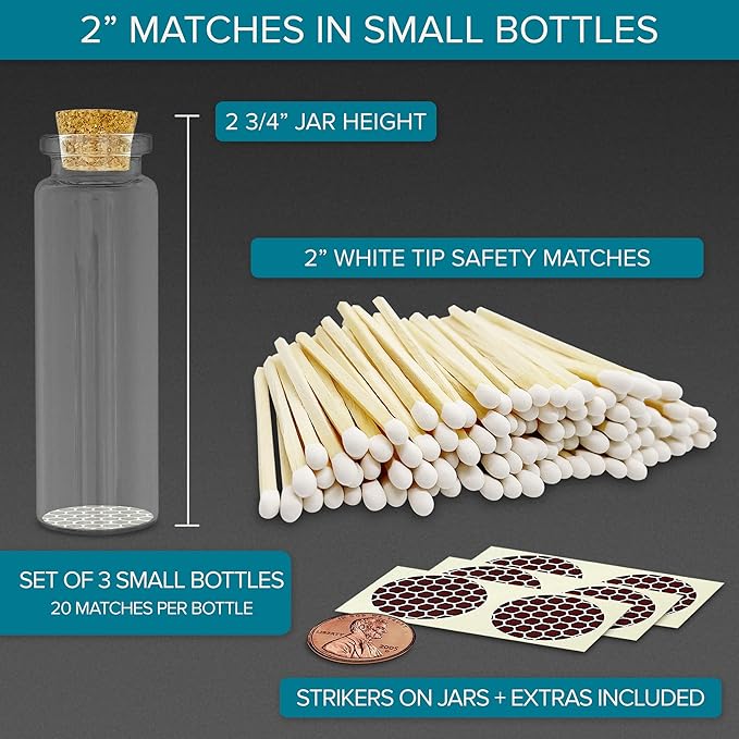2" Classic White Tip Safety Matches | 3 Glass Bottles Each with Cork Top, Striker & 20 Matchsticks by Thankful Greetings (60+ Total) | Decorative & Unique for Home Decor, Event Giveaways