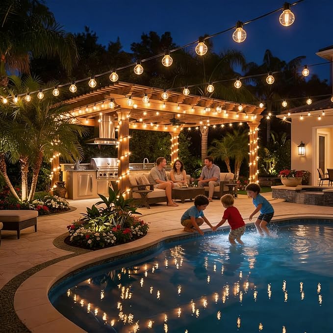 String Lights 150FT Warm White LED, 58 Bulbs, Dimmable, Black