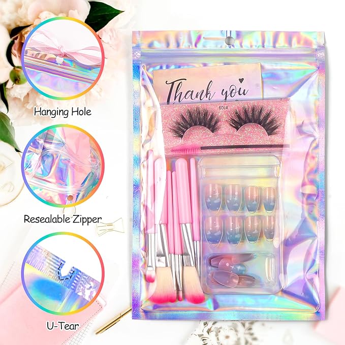 Funfery 50 pcs Mylar Holographic Bags Clear Window Resealable Bags,Foil Bag with Zipper,Sealing Pouch Smell Proof Packaging Bags for Food Storage,Candy,Party Favor Sample Business Supplies(5.5x7.9in)