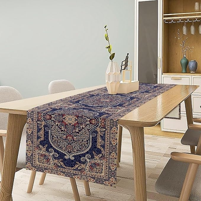 Vintage Boho Floral Table Runner, French Rustic Country Farmhouse Purple Golden Bohemia Flower Pattern for Home Kitchen Table Decor Dining Coffee Room Party Decor 13x60in