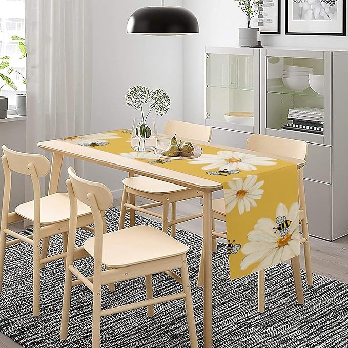 Daisy Flower Table Runner, Summer Spring Seasonal Watercolor Wildflower Yellow Bee Print Table Cover for Home Party Decor Kitchen Dining Table, 13x60inch