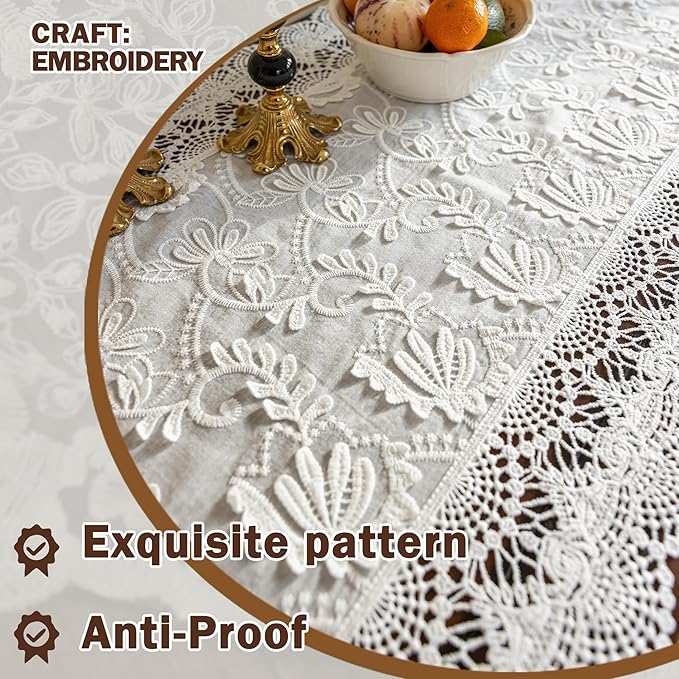 White Elegant Vintage Lace Table Runner,Wedding Lace Decor with Floral Embroidery,Tea Party Decor (White, 13.8X63 Inches)