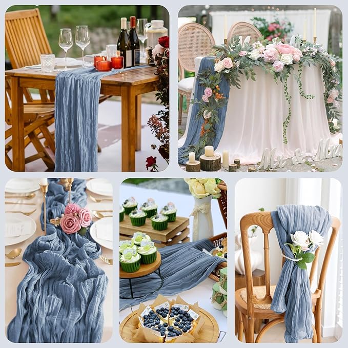 Asee'm 12pcs Cheesecloth Table Runner 120 Inches Long Dusty Blue Boho Gauze Cheese Cloth Runner 10FT Rustic Sheer Table Runners for Christmas Wedding Party Baby Shower Spring Easter Decoration