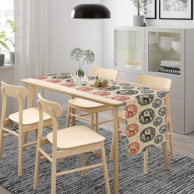 Yin Yang Table Runner, Vintage Mid Century Traditional Oriental Koi Fish Mystical Celestial Moon Stars Print Table Runner for Kitchen Dining Table Party Decor, 13x90inch