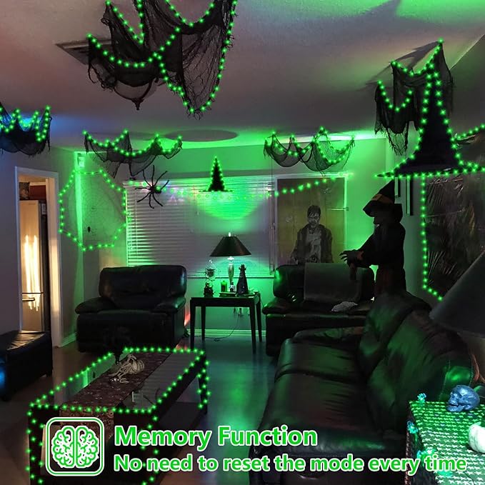 YEGUO 165ft 500 LED Halloween Lights Outdoor Waterproof, 8 Modes Green String Lights Plug in, Green Wire Christmas Lights Indoor with Timer Memory
