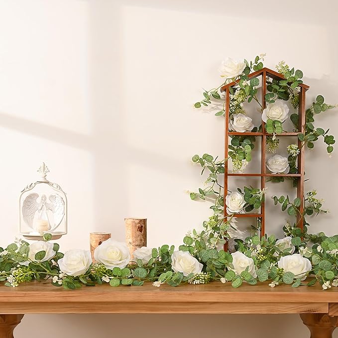 Dolicer 4Pcs 26Ft Artificial Eucalyptus Garlands with Flowers - 8 Roses, Faux Floral Greenery Garlands Fake Flowers Vines for Wedding Table Centerpieces Arch Party Ceremony Backdrop Decor (White)