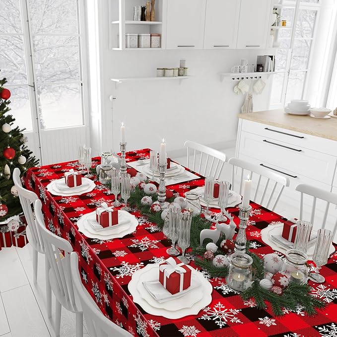3 Pieces Red and Black Buffalo Plaid Merry Christmas Party Tablecloth Decorations,Plastic White Snowflake Buffalo Plaid Sign Table Cover for Winter Christmas Holiday Party Supplies,54x108 inch