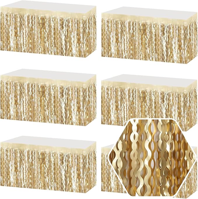 6 Pack 29 x108 Inch Champagne Gold Wave Foil Fringe Table Skirts Metallic Banner for Tinsel Streamer Garland Backdrop for Parade Floats, Mother's Day, Easter, Wedding, Birthday Party Decoration