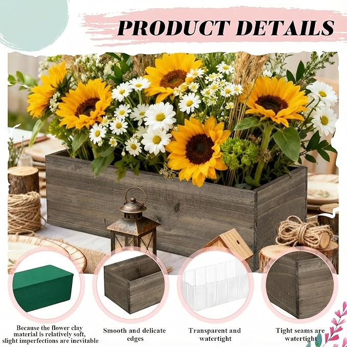 Planter Box Set for Centerpieces, Rustic Brown Wood, 12 x 4 Inch