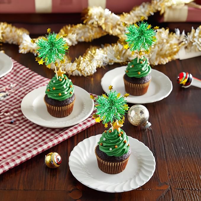 Ephlyn 30Pcs Foil Firework Cupcake Toppers Happy Birthday Cake Toppers Tinsel Flower Drink Stirrers Cocktail Food Fruit Toothpicks for Valentine's Day Party Decorations Green