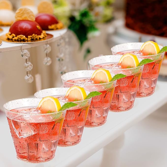 Disposable Party Cups, 9 oz Gold Glitter, 100 Pack