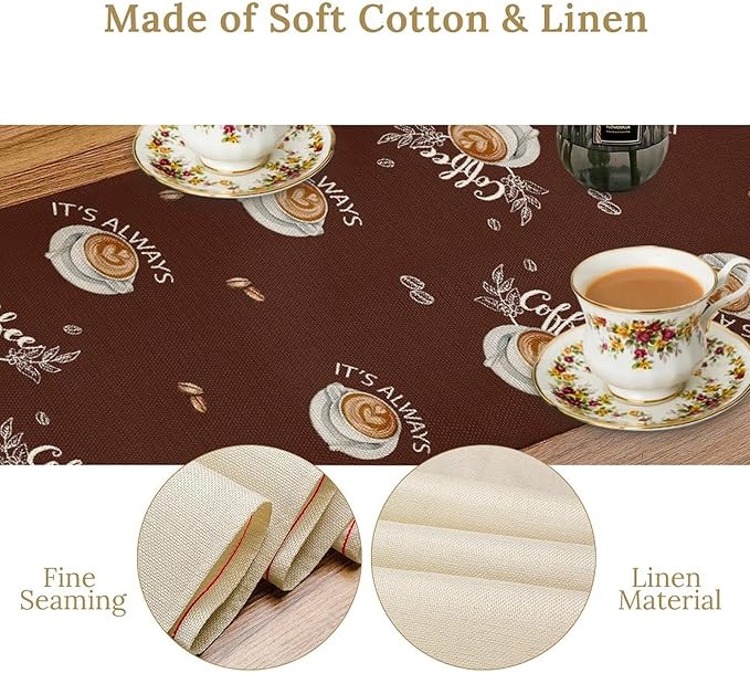Coffee Time Table Runner, Farmhouse Retro Gnome Coffee Cup Tea Party Cafe Brwon Table Center Decor for Home Kitchen Dining Patio Holiday Party Indoor Outdoor Table Decorations,13"x72" Inch