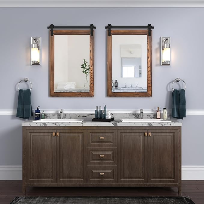 COGOOD Farmhouse Barn Door Mirror - 21 x 30 Rustic Wood Framed Wall Mirror for Bathroom, Living Room, Entryway Wall Decor (Brown)