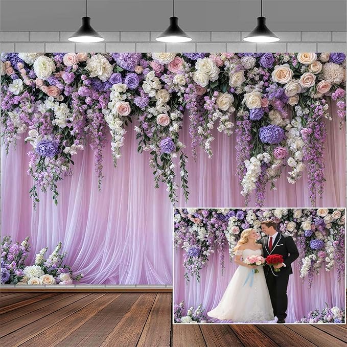 10x10ft Purple Lavender Floral Bridal Backdrop Wedding Flower Photography Backdrop for Girl Portrait Baby Shower Birthday Party Decor Banner Mother's Day Party Wall Backdrop Studio Photo Backgrounds