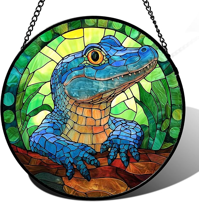 Stained Glass Window Hanging, Blue Alligator Sun Catcher for Window Door Home Decor Green Brown Suncatcher Christmas Mother's Day Birthday Gifts for Women Men Mom and Nana 11.8 in