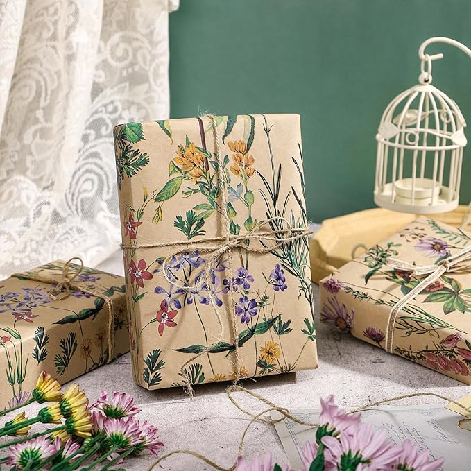 RUSPEPA Wildflower Floral Wrapping Paper Roll for Women, 17 Inches x 9.8 Feet, Mini Roll, Herbal Kraft Wrapping Paper for Christian Gifts, Birthdays, Weddings, Bridal Shower and Engagement