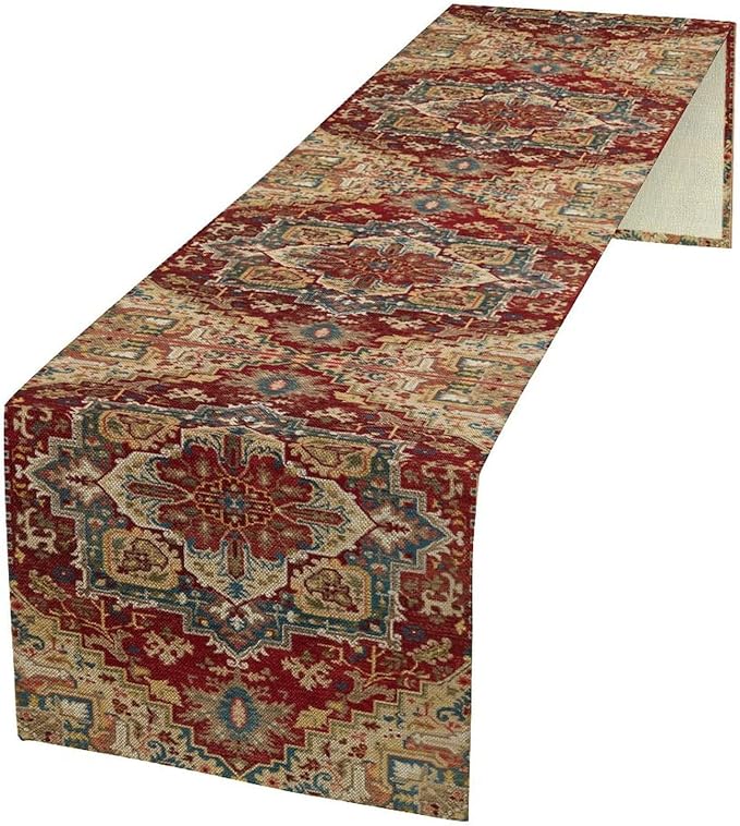 Boho Bohemia Style Table Runner, Vintage Red Brown Retro Flower Rustic Country Style Floral Print Pattern for Home Kitchen Table Decor Dining Coffee Room Garden Party Decor 13x120in
