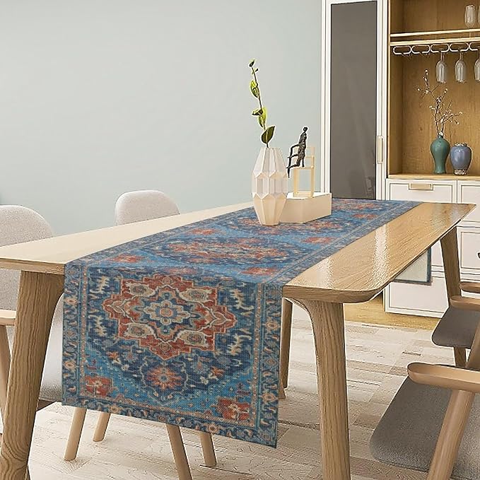 Boho Floral Vintage Table Runner, Retro Abstract Blue Flower Rustic Country Farmhouse Pattern for Home Kitchen Table Decor Dining Coffee Room Party Decor 13x90in