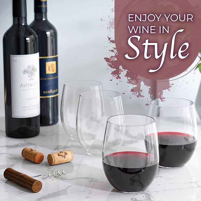 Stemless Plastic Wine Glasses, 48 Pack, 12 oz Clear Unbreakable Party Cups