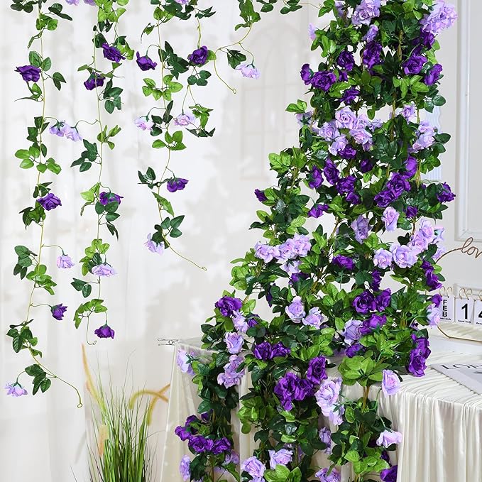 Floweroyal 4 Pack Artificial Flower Garlands 7.9FT Fake Rose Vines Silk Flowers Hanging Rose Ivy for Wedding Arch Party Home Garden Wall Decor (Purple)