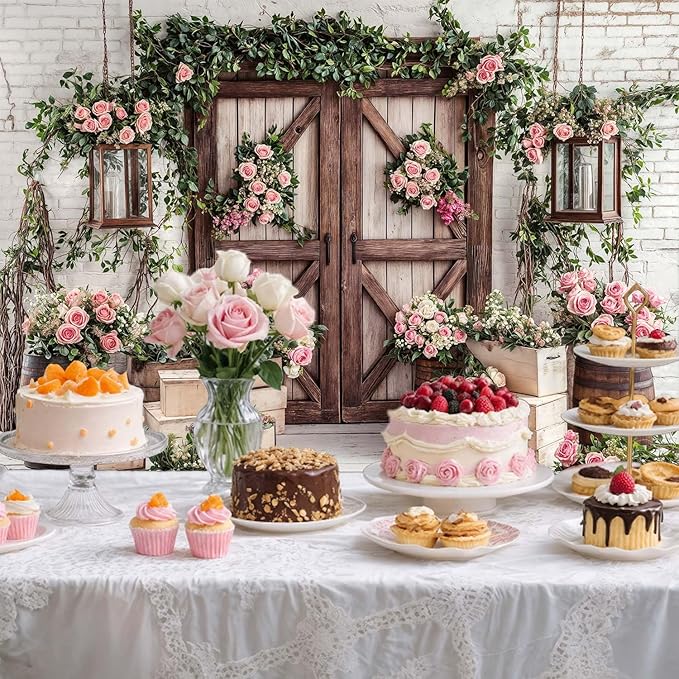 7x5ft Country Wedding Photography Backdrop Floral Rustic Roses Farmhouse Wooden Door Backdrop Pink Flower Birthday Baby Shower Wedding Bridal Party Banner Photo Booth Props Anniversary Background