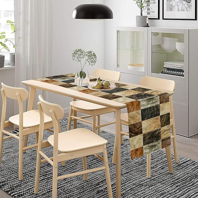 Rustic Cow Skin Patchwork Print Table Runner, Farmhouse Country Western Style Fur Table Cover for Dinning Home Party Holidays Home Setting, 13x90 Inch