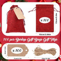 Burlap Gift Bags, 100 Red Drawstring Favor Bags with Kraft Tags and Hemp Rope