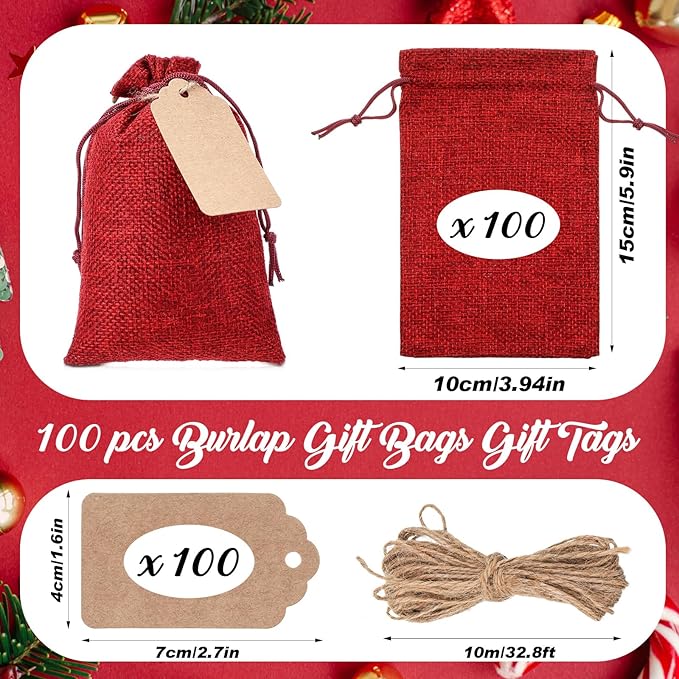 Burlap Gift Bags, 100 Red Drawstring Favor Bags with Kraft Tags and Hemp Rope
