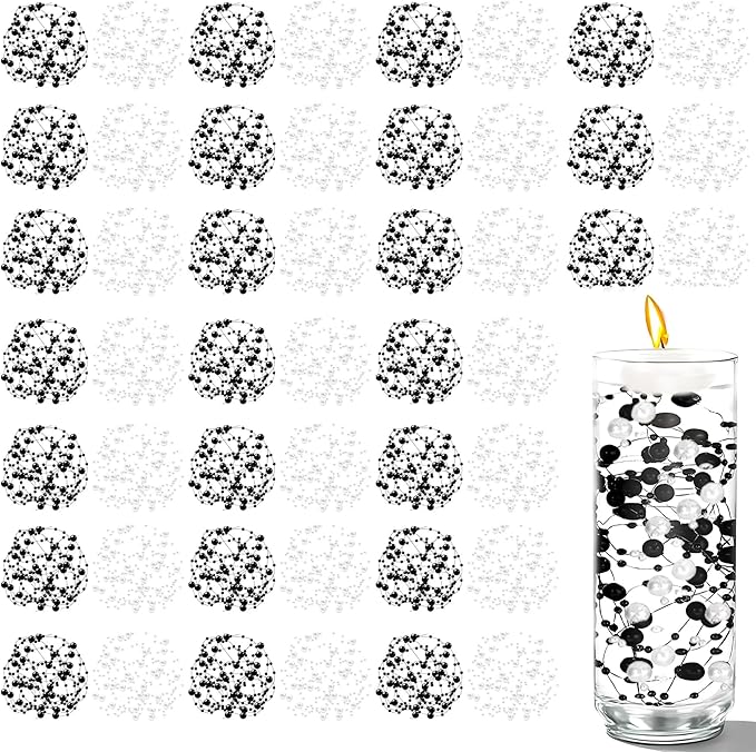 50 PCS Artificial Pearl String Beads - 10+5mm Black&White Floating Beads for Centerpieces, Vase Fillers, Wedding, Birthday Party, and Candle Decor