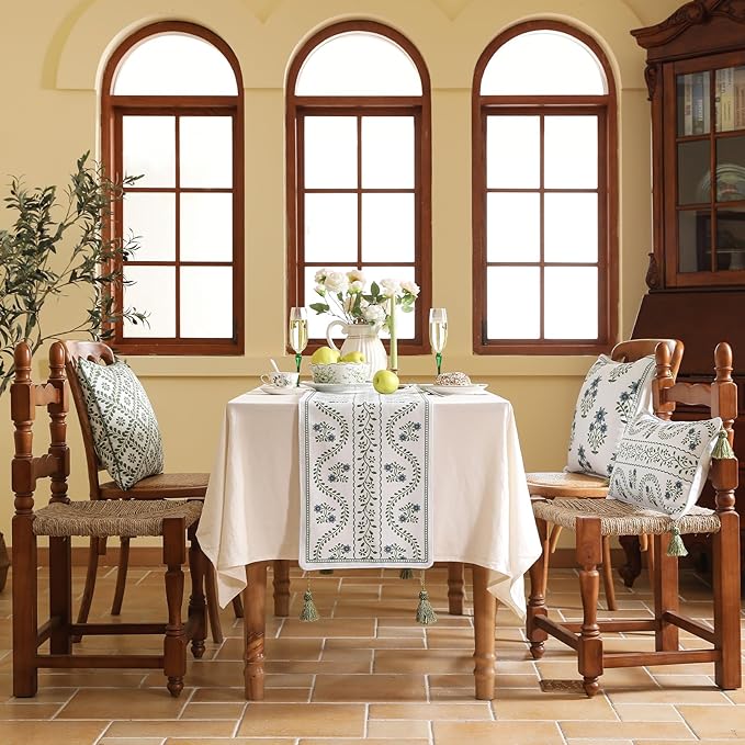 ISAENNE Designer White Elegant Linen Table Runner 71 Inches Long,Chinoiserie Floral Decor Durable Table Runners for Dining Tables,Thanksgiving,Kitchen Tables,Christmas,12"*71"-Mosella D