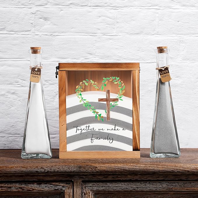 Vase Wedding Sand Ceremony Set, Cross and Heart Design, White and Gray