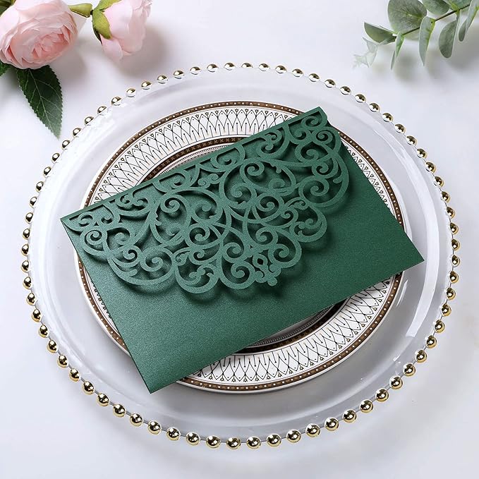 PONATIA 5.12 x 7.2 Emerald Green Laser Cut Invitation Cards, 20PCS Tri-Fold 5 x 7 Trifold Wedding Invitation Cards Pockets with Envelopes for Wedding Bridal Shower Engagement Birthday Quinceanera