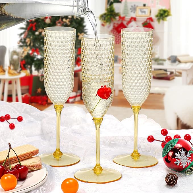 Champagne Glasses 24 Pack, Amber Detachable 2-Piece Plastic Flutes 5.5 oz