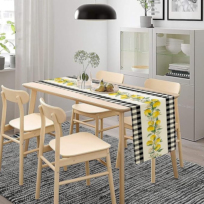 Lemon Table Runner,Black Buffalo Plaid Lemon Table Runner Farmhouse Style Spring Summer Home Kitchen Dinding Room Table Decoration 13x72 Inch