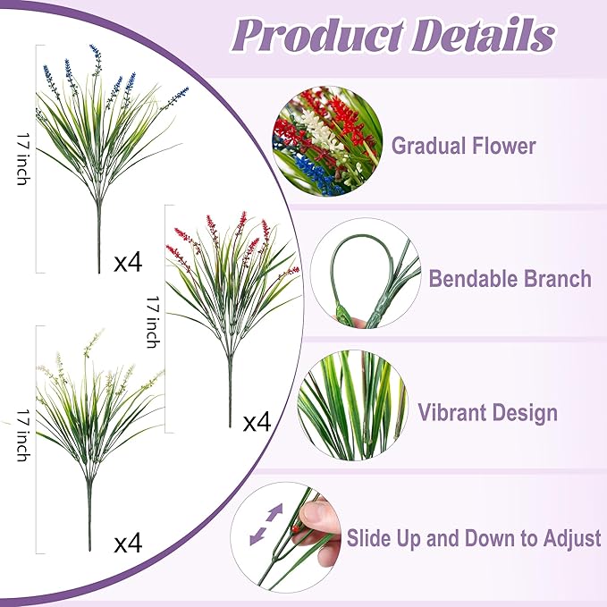 Artificial Plants Greenery: 12 Monkey Grass Bundles in Red, Blue and White
