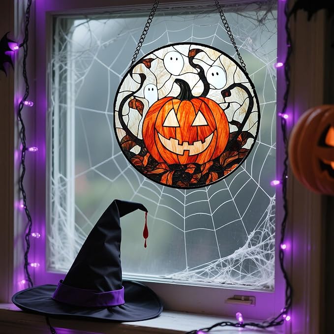 Stained Glass Window Hanging - Halloween Decorations Pumpkin Ghost Suncatcher for Doors Garden Indoor Spooky Funny Orange Sun Catchers Gothic Decor Horror Gifts for Women Men Friend 9.8 in
