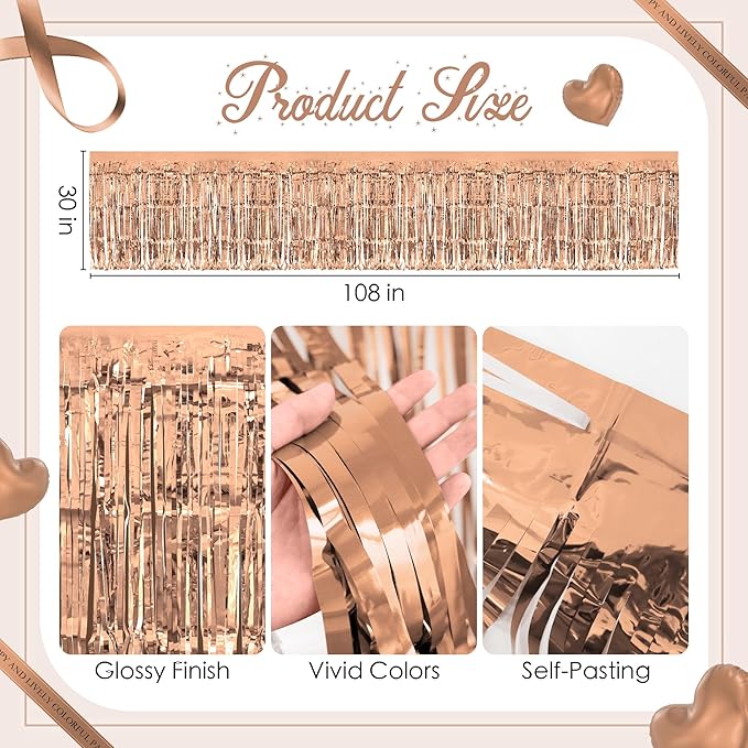 2 Pack Rose Gold Table Skirts, 29x108" Metallic Foil Tinsel Fringe Table Skirts for Rectangle Tables Streamer Curtains Backdrop, Party Decorations for Birthdays Weddings Holidays