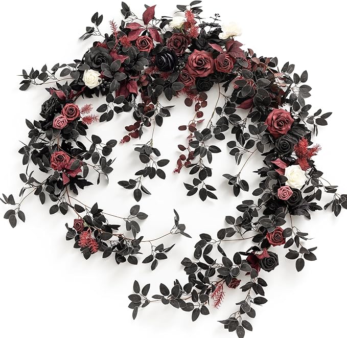 Ling's Moment 9FT Eucalyptus & Willow Leaf Garland with White Flower, Handcrafted Wedding Sweetheart Table Centerpieces Head Table Decor Arch Backdrop Decorations for Wedding | Black & Burgundy