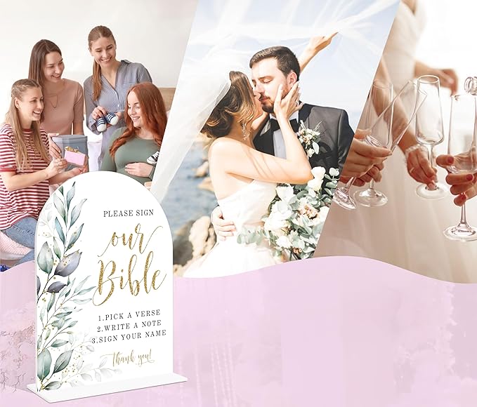 Acrylic Wedding Signs, Greenery Theme Please Sign Our Bible, Wedding Reception Signage, Bridal Shower Table Decor with Stand, Engagement, Anniversary, Newlywed Events and Parties Supplies, 11