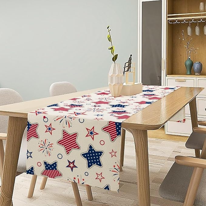 4th of July Table Runner, American Patriotic Independence Day Red Blue White Stars Stripes Fireworks Print Table Runner for Home Party Decor Kitchen Dining Table, 13x36inch