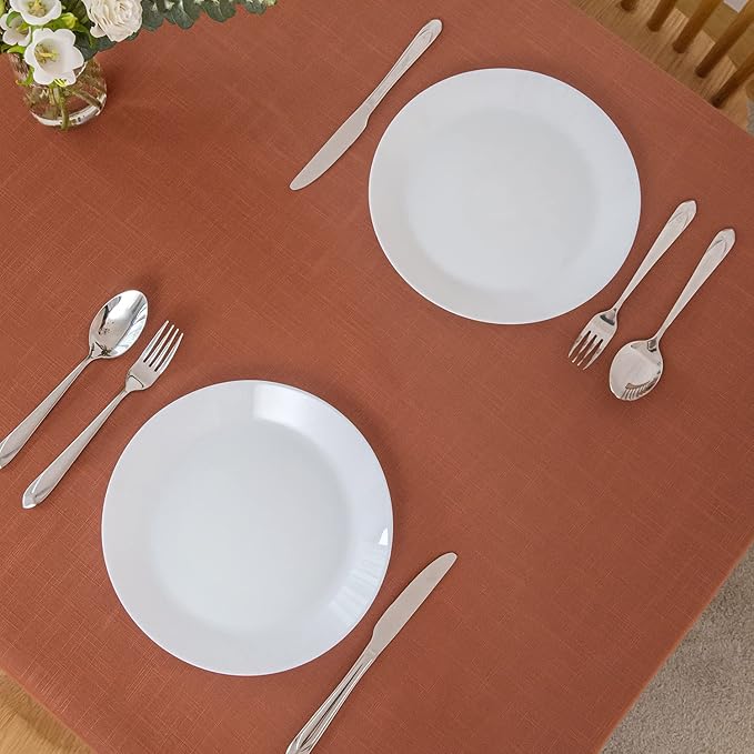 maxmill Lux Faux Linen Table Cloth with Slubby Texture Wrinkle Resistant Soft Anti-Shrink Tablecloth for Kitchen Dining Tabletop Fall Harvest Thanksgiving Parties Dinner Rectangle 52 x 70 Inch Rust