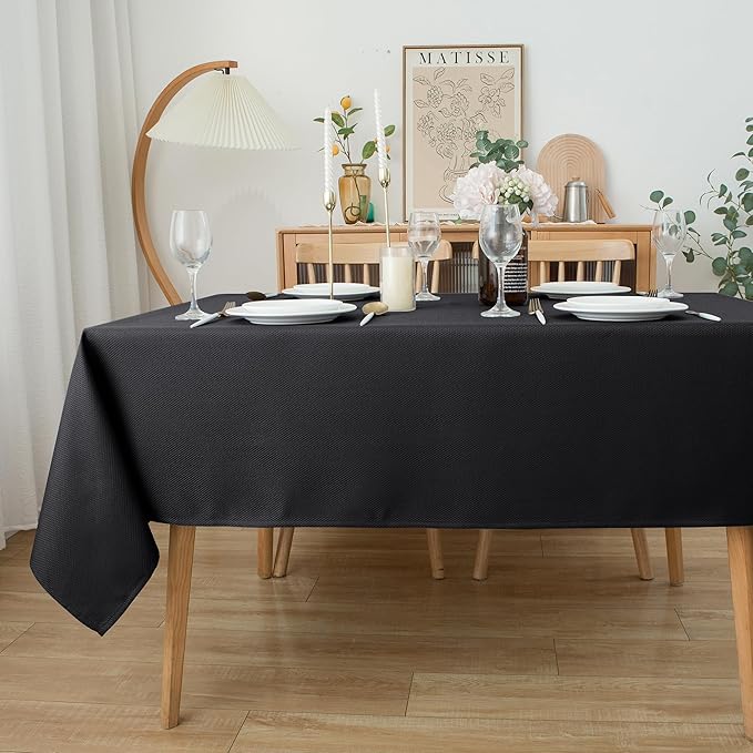 Biscaynebay Textured Fabric Tablecloths 70x108 Inches Rectangular, Black Water Resistant Spill Proof Tablecloths for Dining, Kitchen, Wedding and Parties, Machine Washable