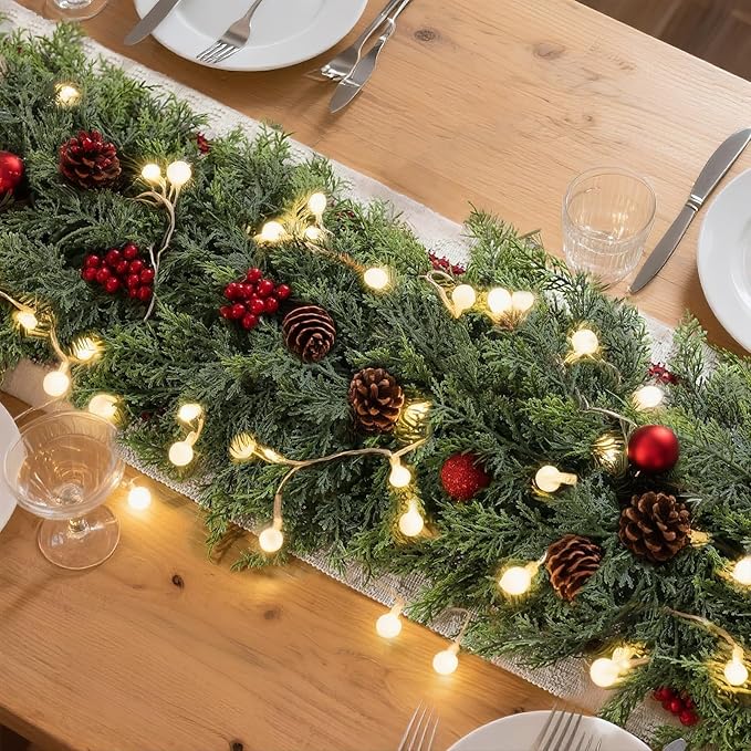 Christmas Cedar Garland - 5ft Artificial Cedar Garland Faux Lush Green Fake Pine Needles for Fireplace,Table,Window,Stairs,Mante,Holiday Indoor Outdoor Xmas Decor(2PCS)