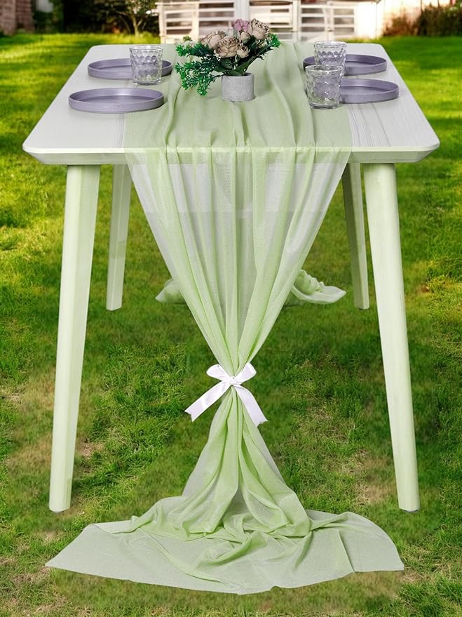 MDS 10 Pack 10ft Chiffon Table Runner 29 x 120 Inches Sheer Wedding Runner Romantic Rustic Table Runner for Wedding Decorations, Birthday Parties, Bridal Shower Party Arch Decor - Sage Green