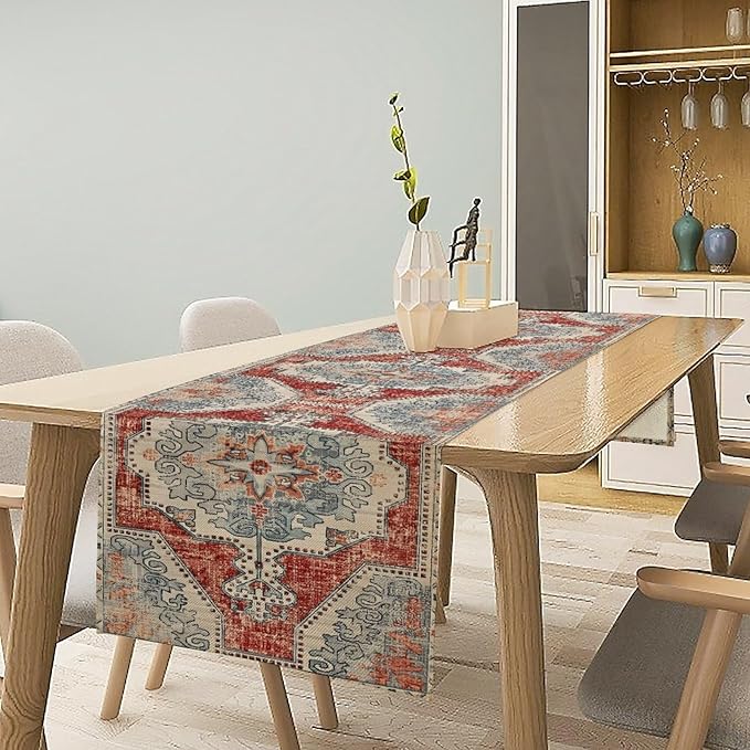 Boho Floral Vintage Table Runner, Retro Blue Red Flower Rustic Country Farmhouse Abstract Pattern for Home Kitchen Table Decor Dining Coffee Room Party Decor 13x108in