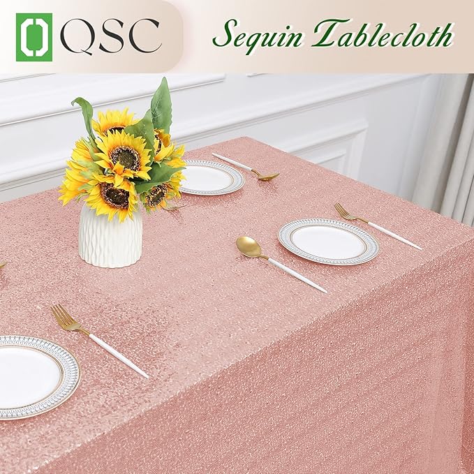 OQSQ Rosegold Sequin Tablecloth 50x80 inch, Glitter Drape Table Cloth, Sparkle Sequence Table Overlays for Thanksgiving Day Wedding Birthday Party Baby Bridal Shower