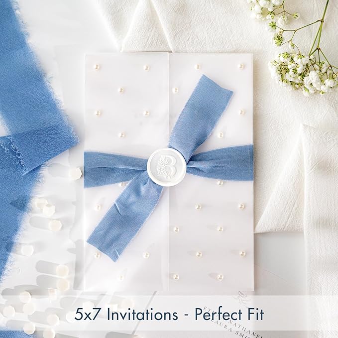 50 Pack Pre-Folded Vellum Jackets For 5x7 Invitations,AZAZA Translucent Invitation Sleeves,115GSM Vellum Jackets 5x7, Wedding Invitation Accessories, For Weddings Birthdays Baby Showers,Elegant Pearl