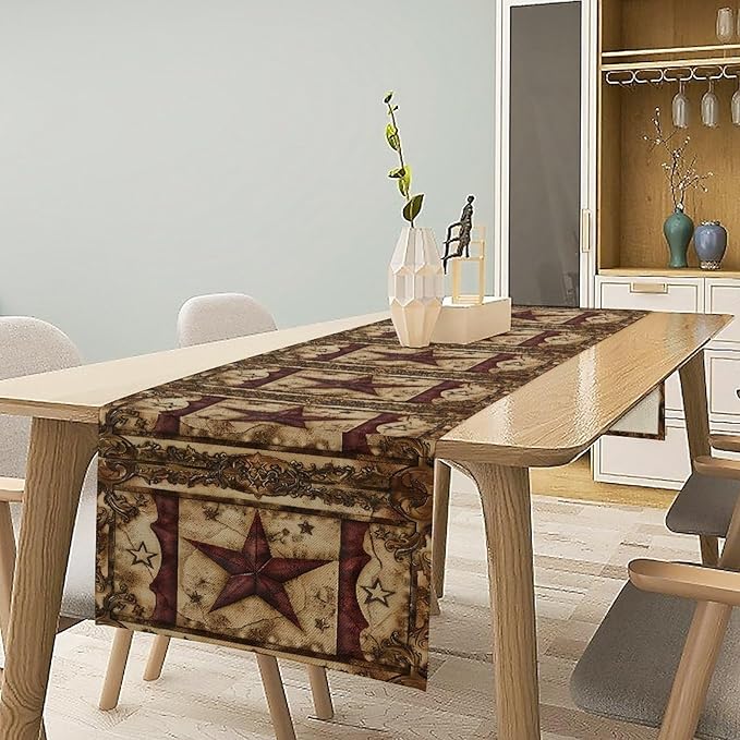Wild West Table Runner, Rustic Farmhouse Texas Star Vintage Rodeo Cowboy Old Sign Wild West Print Pattern for Home Kitchen Table Decor Dining Coffee Room Garden Party Decor 13x36in