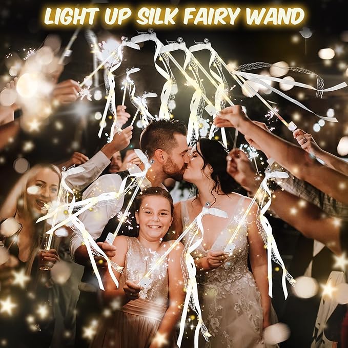 28PCS Light up Wands for wedding, Wedding Wands Streamers with 3 Colorful Flashing Modes, Fairy Wands, LED Silk Fairy Wand with Bells for Wedding, New Year, Thanksgiving, Concert